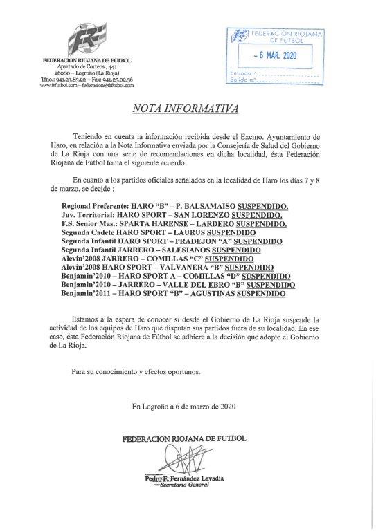 La Federacion Riojana De Futbol Suspende Los Partidos Oficiales De Los Equipos De Haro Radio Haro Cadena Ser